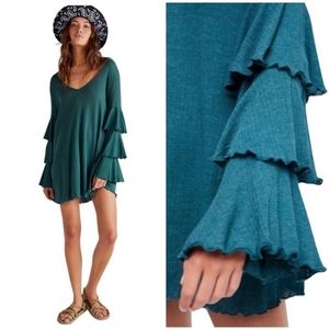 Free people beach blue lightweight v-neck flowy ruffle beach coverup/tunic sz xs